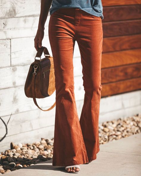 Peace + Love Corduroy Bell Bottom Pants - Brick Burnt Red Pants Outfit, Bell Bottom Corduroy Pants, Rust Bell Bottoms Outfit, Orange Bell Bottoms Outfit, Bell Bottoms Fall Outfit, Corduroy Bell Bottoms, Cordoroy Pants, Bell Bottoms Outfit, Beige Outfit