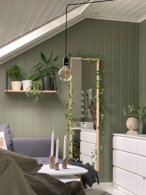 Sage Green Loft Bed, Aesthetic Green Bedroom Walls, Green Theme Room Decorating Ideas, Green Bedroom Walls Cozy, Safe Green Aesthetic Bedroom, Room Ideas Aesthetic Minimalist Green, Leaves Bedroom Aesthetic, Green And Gray Room Ideas, Green Painted Room Aesthetic