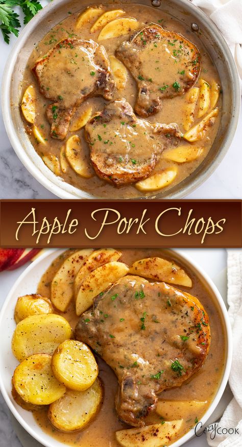 apple pork chops with slices of apple Cider Pork Chops, Apple Cider Pork Chops, Apple Cider Pork, Pork Chops With Apples, Apple Pork, Apple Pork Chops, Glazed Pork Chops, Pork Chop Recipes Baked, Pork Chop Dinner