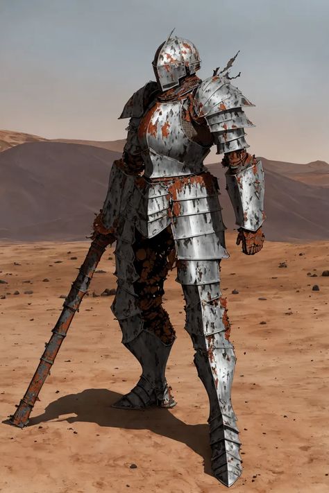 The image depicts a tall, imposing figure standing in the middle of a desert landscape. The figure is wearing a suit of armor that is badly damaged and rusted. The armor is made of metal plates that are riveted together, and it covers the figure's entire body. The figure's helmet is missing, and its face is obscured by a visor. The figure is holding a large, rusty sword in its right hand. The sword is broken, and the blade is missing. The figure is standing in a relaxed pose, and it appears to be waiting for someone. Rusted Knight, Imposing Pose, Rusted Armor, Rusty Armor, Medieval Horror, Ink Reference, Relaxed Pose, Metal Drawing, Metal Plates