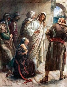 Jesus and the Bleeding Woman, by the touch of His garment's hem, she was healed. Through her Faith she was healed. Miracles Of Jesus, Religious Pictures, Jesus Heals, Kuantan, Bible Pictures, Jesus Christ Images, Biblical Art, Jesus Lives, Art And Photography