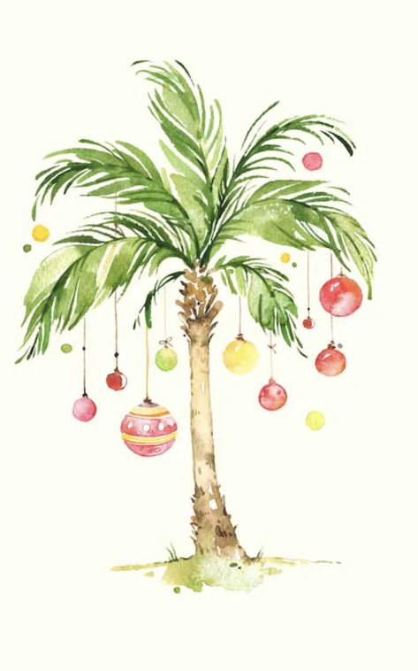 Beachy Christmas Cards, Tropical Christmas Cards, Deck The Palms, Caribbean Christmas, Palm Tree Drawing, Christmas Palm Tree, Painted Christmas Cards, Themed Christmas Tree, Christmas Trinkets