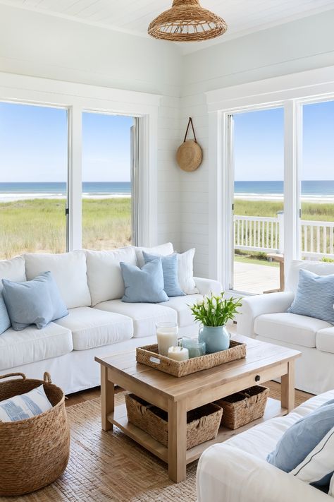 24 Stunning Beach House Living Room Ideas You’ll Want to Steal! – Cabin Nook Small Beach Cottages Interior, Beach House Living Room Ideas, Boho Beach Living Room, Blue Coastal Living Room, House Living Room Ideas, Small Beach Cottage, Cozy Beach Cottage, Beach Living Room, Beach House Living Room