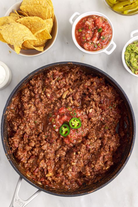 Delicious and versatile ground beef taco filling is perfect for tacos, burritos, nachos and more. Beef Taco Filling Recipe, Salsa Ground Beef Recipe, Taco Meat And Refried Beans, Tacos With Refried Beans And Ground Beef, Beef Taco Filling, Nacho Beef Recipe, Beef And Bean Tacos, Taco Filling Recipe, Ground Beef Refried Beans