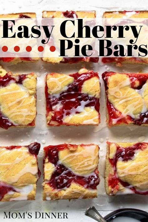 These cherry pie bars are a super easy dessert to make. They are also a crowd pleaser! Almond flavored cake is topped with cherry pie filling and drizzled with a glaze. Cherry Pie Filling Recipes Easy, Almond Flavored Cake, Cherry Pie Bars Recipe, Easy Cherry Pie, Cherry Pie Filling Recipes, Super Easy Dessert, Cherry Recipes Dessert, Cherry Pie Bars, Sweet Cherry Pie