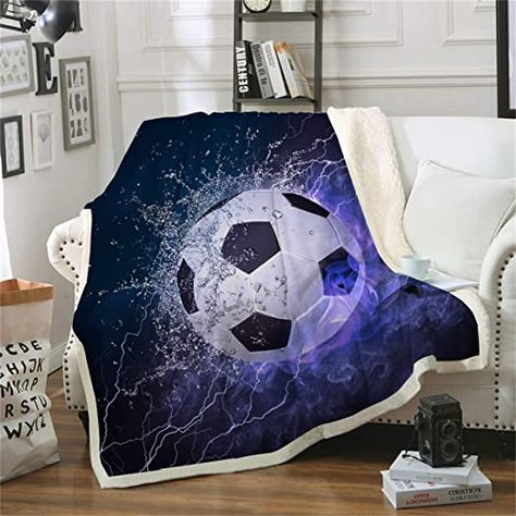 WONGS BEDDING Soccer Throw Blanket Flame Soccer Pattern Throw Blanket for Soccer Fans Teens Boys, Digital Printing Cozy Blanket, A Side Crystal Velvet, B Side White Wool Velvet, 50" X 60" Soccer Fans, All Seasons, Throw Blanket, Soccer, Couch, Sofa, Bed, Design, Football