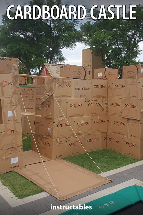 Bildabear shares how to make an ultimate cardboard castle fort! #Instructables #cardboard #upcycle #reuse #fort Cardboard Forts, Bike Challenge, Cardboard Castle, Large Fridge, Bubble Wands, Halloween Contest, Pvc Pipe, Halloween Props, Hot Glue Gun