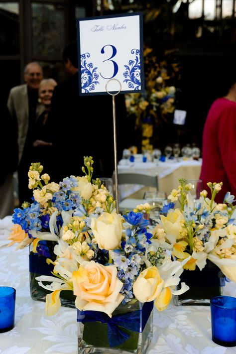 Blue Arrangements, Pine Mountain Georgia, Blue Spring Wedding, Blue Yellow Weddings, Yellow Centerpieces, Callaway Gardens, Yellow Wedding Theme, Blue Centerpieces, Pine Mountain