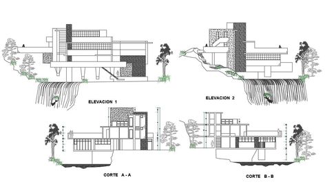 2D CAD Drawing Best Falling In Water House Elevation And Section AutoCAD File; this is the two elevations and two sections of Falling In Water House, it's a well-known building in the architecture field, this is the made by Frank Lloyd Wright, its a DWG file format. Falling Water House Drawing, Falling In Water, Frank Loyd Wright Houses, Practice Sketches, Falling Water Frank Lloyd Wright, Falling Water House, Waterfall House, Frank Lloyd Wright Architecture, Falling Water