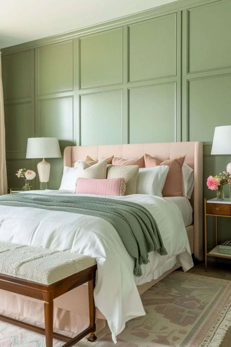 Green And Pink Boho Bedroom, Pink And Green Bedroom Aesthetic, Pink And Green Bedroom Ideas, Pink Green Bedroom, Pink And Green Bedroom, Pink Green Bedrooms, Mint Green Bedroom, Farm Room, Green Bedroom Ideas