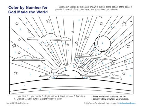 God Made The World, Truth For Kids, Sunday School Activities For Kids, Sunday School Coloring Sheets, School Activities For Kids, Printable Bible Activities, Creation Activities, 7 Days Of Creation, Color By Number Printable