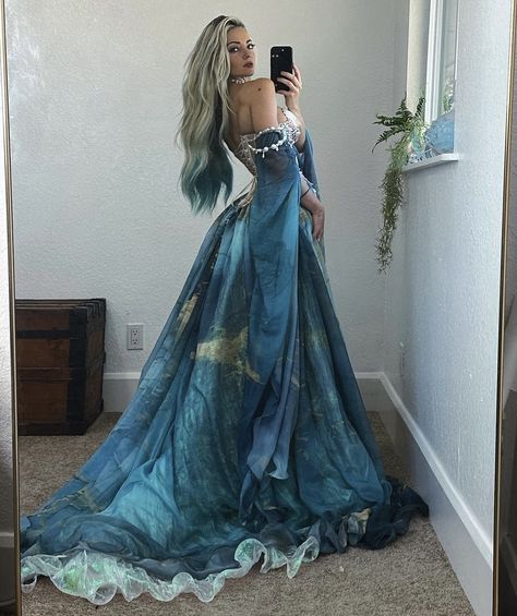 Aesthetic Gown, Fae Creatures, Charity Grace, Sirens Fashion, Prom Dress With Train, Sea Dress, Dress Ruffles, Goddess Costume, Fairy Dresses