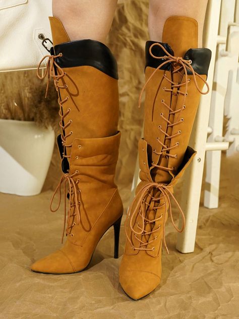 Annamarie Tan Lace-Up Knee High Heel BootsI discovered amazing products on SHEIN.com, come check them out! Transparent Boots, Knee High Stiletto Boots, Bold Heels, Knee High Heel Boots, Comfort Fashion, Knee High Heels, Versatile Shoes, High Heel Boots Knee, Tan Boots