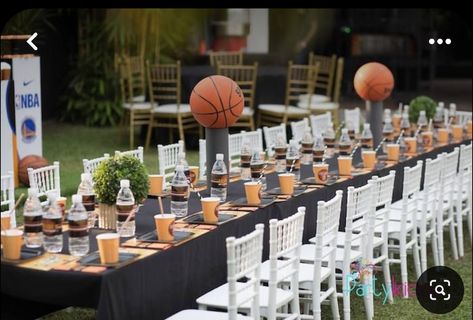 Sports Birthday Party Centerpieces, Basketball Cakesicles Ideas, Basketball Dinner Decorations, 40th Birthday Basketball Theme, Jordan Party Centerpieces, Basketball Birthday Party Centerpieces, Basketball Party Table Decorations, Basketball Table Decorations, Basketball Party Centerpieces