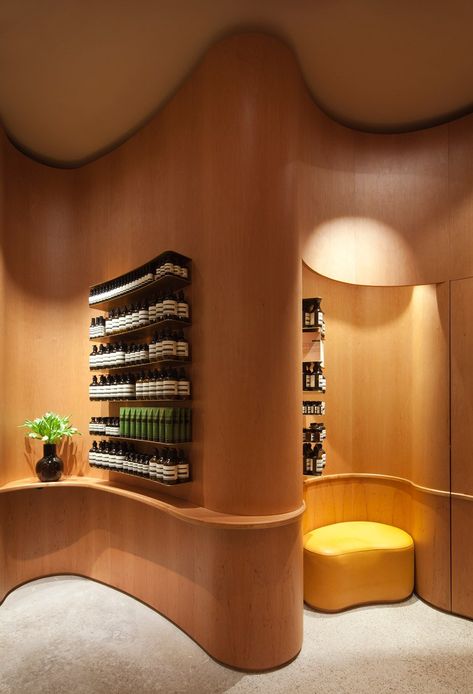 sink. Aesop Store, In Praise Of Shadows, Curved Wood, Curved Walls, Retail Store Design, Retail Interior, Store Interior, Retail Space, Retail Display