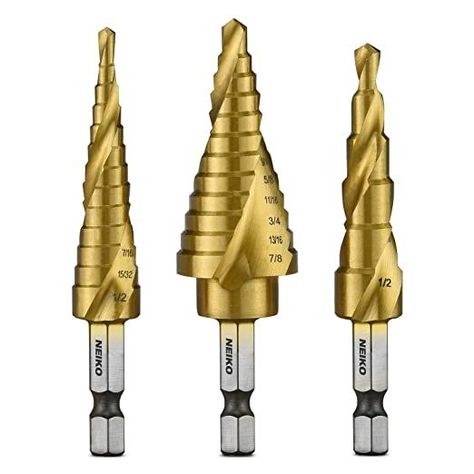 Neiko 10181A Quick Change HSS Titanium Coated Spiral Grooved Step Drill Bit 3-Piece Set | 31 Step Sizes in One Kit … Cone Drills, Drill Bit Sizes, Tool Room, Step Drill, Hand Tool Set, High Speed Steel, Drill Bit, Steel Metal, Drill Bits