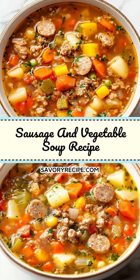 Warm up your day with this hearty Sausage and Vegetable Soup recipe! Packed with flavorful sausage, fresh veggies, and rich broth, it's the perfect comfort food. Ideal for chilly evenings, this soup will satisfy your cravings and nourish your soul. Try it today for a delightful meal experience! Keto Soup Sausage, Cabbage Soup With Sausage Recipe, Vegan Sausage Soup, Vegetable Soup With Sausage, Sausage And Vegetable Soup, Soups With Vegetable Broth, Soup With Andouille Sausage, Soups With Sausage Easy Recipes, Sausage Recipes Soup