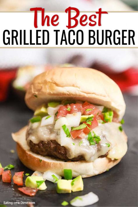 Grilled Taco Burger is a tasty twist on a traditional burger with lots of Mexican flavor, pico de gallo and melted cheese. Try Grilled Taco Burger Recipe. Taco Burgers Recipe, Taco Burgers, Homemade Hamburger Patties, Mexican Burger, Grilled Burger Recipes, Taco Burger, Sweet Potato Recipes Fries, Grilled Taco, Best Burger Recipe