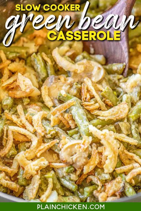 Slow Cooker Green Bean Casserole - no cream of anything soup!! Green beans, Alfredo sauce, water chestnuts, mushrooms, parmesan cheese, pepper, and french fried onions. Seriously delicious!! Everyone raved about this yummy side dish. Perfect for Thanksgiving and Christmas dinner! A real crowd pleaser! #crockpot #slowcooker #sidedish #thanksgiving #christmas Green Bean Casserole Crock Pot, Creamy Green Beans, Best Green Bean Casserole, Slow Cooker Green Beans, Homemade Green Bean Casserole, The Best Green Beans, Asparagus Casserole, Green Bean Casserole Easy, Easy Green Beans