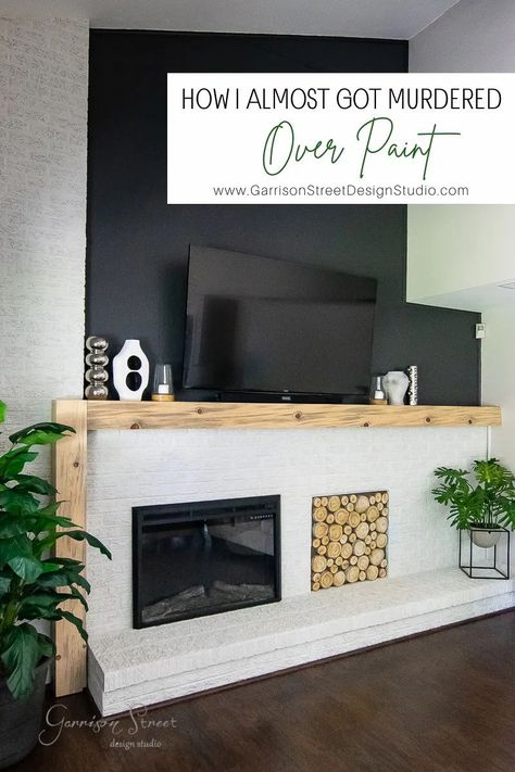 Agreeable Gray With Iron Ore, Mcm Mantle Decor, Iron Ore Tv Wall, Mcm Fireplace, Iron Ore Fireplace, Black Mantle Fireplace, Black Mantle, Black Brick Wall, Painted Brick Fireplaces