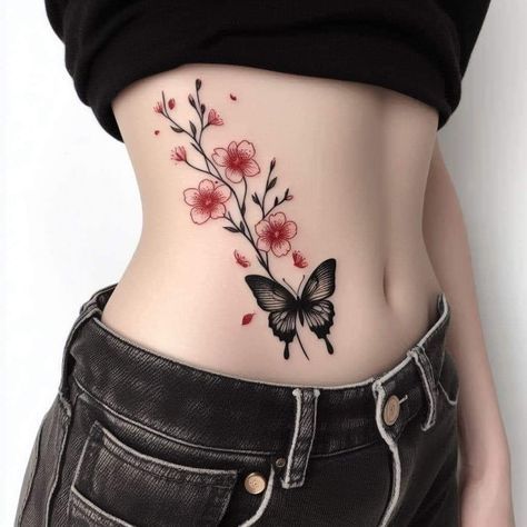 Butterfly And Flower Tattoo, Stomach Tattoos Women, Flame Tattoos, Tattoos For Women Flowers, Inspiration Tattoos, Cute Tiny Tattoos, Tatuaje A Color, Women's Tattoo, Tattoo Feminina