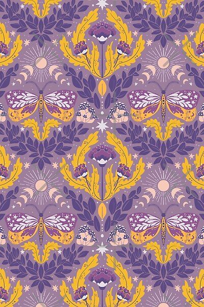 Smaller scale of the Whimsigothic inspired pattern in yellow ochre and purple. (another colorways and scales available in the shop). You can follow us on Instagram: @itstanyadi.studio Thank you for stopping by! Yellow Purple Color Palette, Whimsigoth Pattern, Yellow Purple Aesthetic, Celestial Goth, Purple Aesthetics, Purple Color Schemes, Violet Aesthetic, Purple Color Palettes, Baby Spring