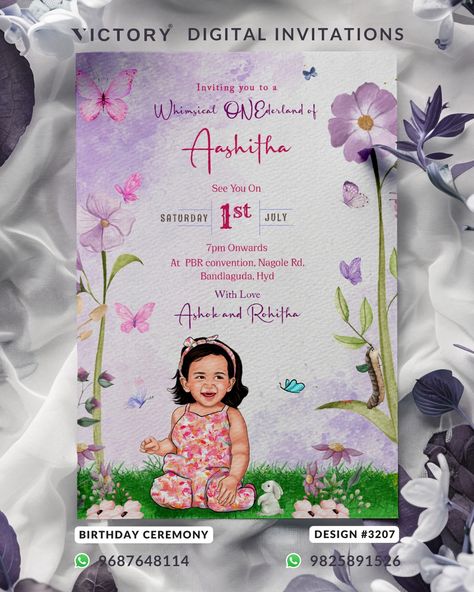 Adorable baby caricature invitation card for Girl Birthday party in English language with butterfly theme design 3207 The butterfly Theme of an adorable baby caricature digital invitation card for girl a Birthday party in purple background color. This birthday party e-invite card is available in the English language. Happy birthday, invitation include elements such as butterfly, grass, rabbits, pink flowers, and purple flowers. Call / WhatsApp: +91 9687648114 / +91 9825891526 #birthdaypart... Caricature Invitation, Invite Card, Ceremony Design, White Rabbits, Butterfly Theme, Light Lavender, Girl Birthday Party, Purple Background, Invitation Card Design