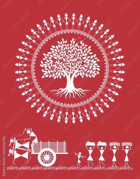 Illustration, Rural Life Wall Art, Tree of Life Abstraction, Ethnic Wall Decor Elegance, Folk Art Serenity. Warli Tree, Abstract Tree Of Life, Worli Painting, Warli Painting, Indian Wall Art, Warli Art, Wall Art Tree, Buddha Art Drawing, Fabric Painting Techniques