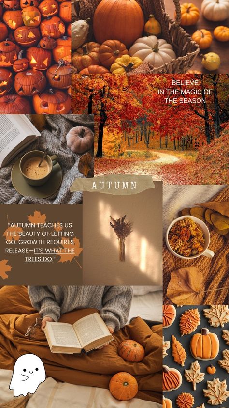 Halloween wallpaper, fall aesthetic, fall wallpaper, ghost wall paper Spring And Fall Aesthetic, Fall Aesthetic Colors, Collage Wallpaper Fall, Fall Wallpapers Collages, Autumn Mood Aesthetic, Fall Day, Spooky Fall, Fall Leaves Aesthetic Wallpaper, Fall Leaves And Pumpkins Wallpaper