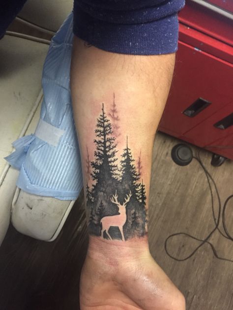 Deer Forearm Tattoo, Forest Tattoo Men, Wise Owl Tattoo, Farm Tattoo Ideas, Forest Theme Tattoo, Outdoor Tattoos For Men, Hunting And Fishing Tattoos, Bow Hunting Tattoos, Tree Line Tattoo