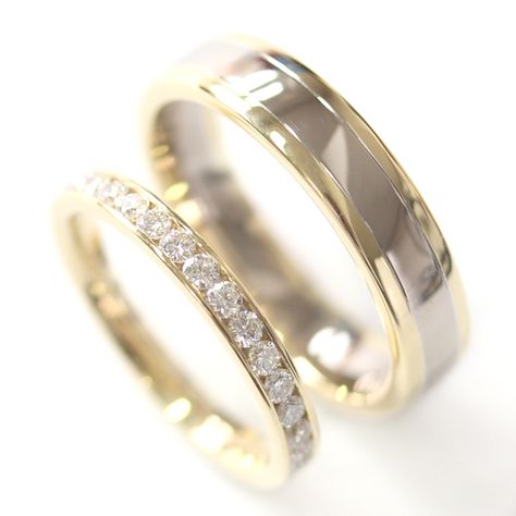 Two Tone Wedding Bands His And Hers, Men And Women Wedding Ring Sets, White And Yellow Gold Wedding Set, Yellow Gold Wedding Set, Gents Wedding Rings, Untraditional Wedding, Matching Wedding Ring Sets, Wedding Rings Sets His And Hers, White Gold Wedding Ring Set