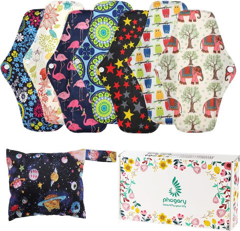 Reusable Menstrual Pads (7 in 1, 10in*7in), PHOGARY Bamboo Cloth Pads for Heavy Flow with Wet Bag, Large Sanitary Pads Set with Wings for Women, Washable Overnight Cloth Panty Liners Period Pads Reusable Feminine Pads, Incontinence Products Woman, Feminine Pads, Cloth Sanitary Pads, Sanitary Towels, Maxi Pad, Cloth Menstrual Pad, Incontinence Pads, Period Pads