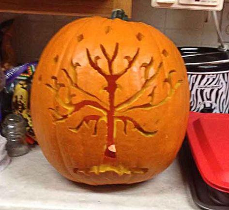 Nerdy Pumpkin Carving, Lotr Pumpkin Carving Ideas, Nerdy Pumpkin Carving Ideas, Star Wars Pumpkin Carving Templates, Star Wars Pumpkin Carving, Star Wars Pumpkin, Funny Pumpkin Carvings, White Tree Of Gondor, Carving Templates