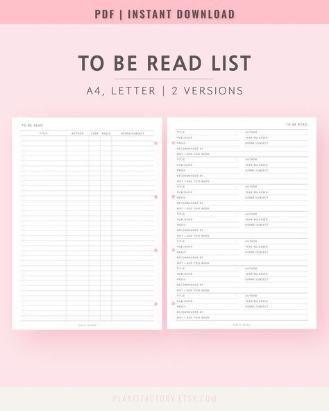 Have you ever found yourself spending too much time browsing online bookstores or making impulse purchases when searching for a new book? If that's the case, why not consider creating a 'To Be Read' (TBR) list? By doing so, you'll always have a list of books to read next, saving you time and helping you make more informed decisions. Available to download immediately after purchase. Print out beautifully right from your home printer! ✓ 𝙁𝙀𝘼𝙏𝙐𝙍𝙀𝙎 1. To Be Read List comes in PDF format (Prin To Be Read List, Tbr List, To Be Read, Read List, List Of Books, Reading Goals, Goal Planner, Book Organization, Planner Printables