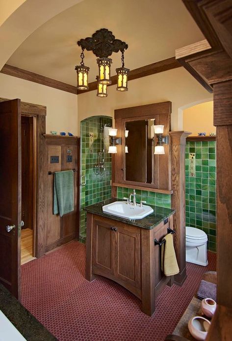 What’s Your Style? Craftsman Bathroom Elements - Unique Vanities Craftsman Style Bathroom, Craftsman Style Bathrooms, Arts And Crafts Bathroom, Craftsman Interiors, Bungalow Bathroom, Arts And Crafts Interiors, Craftsman Bathroom, Craftsman Interior, Craftsman Bungalow