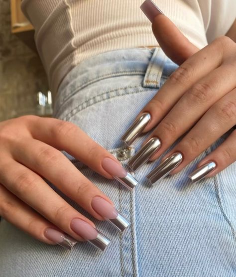 Silver chrome fench tip Wow Nails, Grunge Nails, Nail Swag, Silver Nails, Square Acrylic Nails, Dream Nails, Fire Nails, Pretty Acrylic Nails, Dope Nails