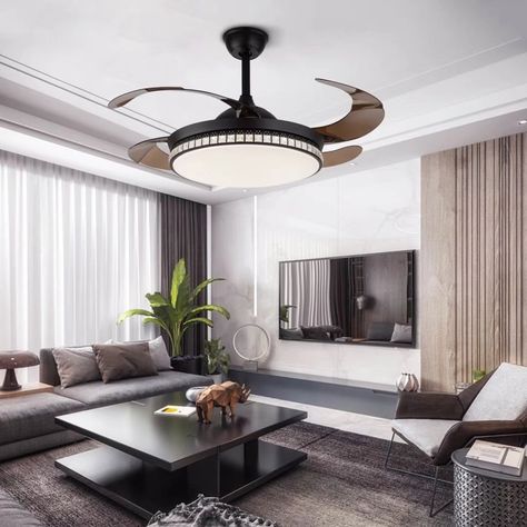 This Stylish Black Chandelier Ceiling Fan With Retractable Blades is a perfect combination of a beautiful chandelier and a powerful ceiling fan that fits easily in any room in your home. Led Ceiling Fan, Ceiling Fan Chandelier, Fan Lamp, Ceiling Fan With Remote, Black Chandelier, Light Bulb Types, Modern Ceiling, Led Chandelier, House Of Hampton