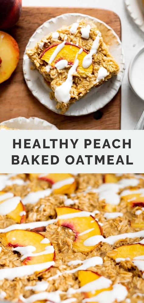 This Peach Baked Oatmeal is sweet, tempting and bursting with juicy fresh summer peaches. Finished with a sweet cream topping, it will become one of your favorite ways to enjoy fresh peaches. Healthy, gluten-free, make ahead breakfast recipe! #peachbakedoatmeal #bakedoatmealrecipes Peach Baked Oatmeal, Oatmeal And Eggs, Peach Oatmeal, Healthier Breakfast, Easy Clean Eating Recipes, Protein Baking, Baked Peach, Clean And Delicious, Best Meal Prep