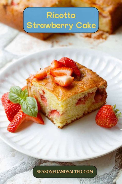 You'll adore this Ricotta Strawberry Cake. Moist, easy to make, and bursting with flavor, it's a delightful Italian-inspired dessert. Ricotta Strawberry, Strawberry Cake Recipe, Olive Oil Recipes, Ricotta Cake, Strawberry Cake Recipes, Square Cake Pans, Lemon Ricotta, Blueberry Cake, Dried Strawberries