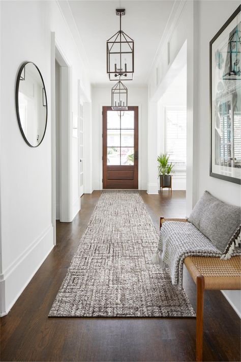 A grand entrance inspired by the Greek isles ✨ Make a lasting impression with one of our newest styles, Winding Rhodes. https://www.flor.com/winding-rhodes Long Foyer, Foyer Rugs, Foyer Ideas Entryway, Runner Rug Entryway, Hallway Designs, Long Hallway, Entry Hallway, Casa Exterior, Greek Style