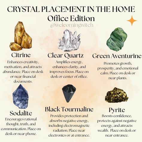 Crystal Placement in the home: Office Edition . . . . . . . . . #wiccansofinstagram #witchlife #witchesofinstagram #witch #witchcraft #wicca #wiccan #pagan #spiritual #spiritualawakening #Spirituality #witchessociety #witchytips #magic #babywitch #beginnerwitch #witchy #witchesoftiktok #witchtok #crystals #crystalmagic Witchy Home Decor Ideas, Crystals In Witchcraft, Crystal Placement In Home, Witches Crystals, Crystal Witchcraft, Crystal Placement, Witch Meaning, Witchy Spells, Witchcraft Crystals