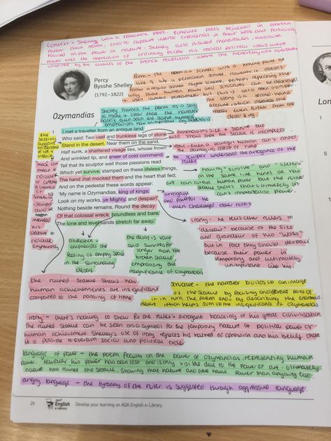 power and conflict poetry anthology - ozymandias by percy bysshe shelley Power And Conflict Poetry Revision Ozymandias, How To Study Poems, English Anthology Revision, Gcse Poetry Power And Conflict Revision, Poem Annotation Aesthetic, Poems Annotation, Ozymandias Analysis, Eduqas Poetry Anthology, Poetry Gcse Revision