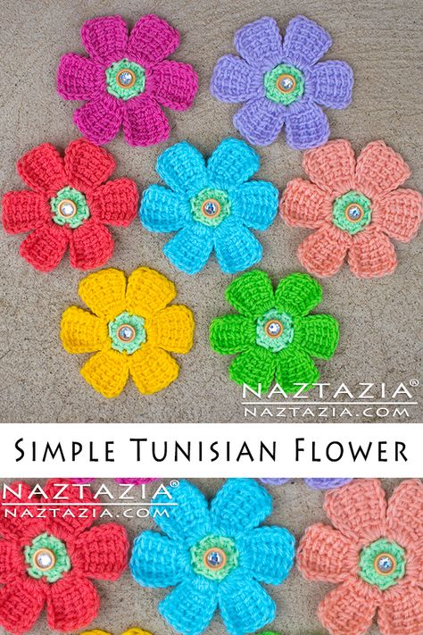 How to Crochet Simple Tunisian Flower DIY Tutorial Flowers Free Pattern and YouTube Video by Donna Wolfe from Naztazia Tunisian Crochet Flowers Free Pattern, Tunisian Simple Stitch, Crochet Puff Flower, Nice Flower, Simple Stitch, Tunisian Crochet Patterns, Crochet Simple, Flower Diy, Crochet Afghans