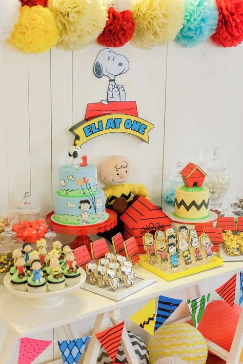 Peanuts/Charlie Brown Birthday Party Ideas | Photo 1 of 58 Charlie Brown Theme Birthday Party, Charlie Brown Christmas Birthday Party, Peanuts 1st Birthday Party, Charlie Brown Theme Party, Charlie Brown And Snoopy Birthday Party, Peanuts Party Decorations, Charlie Brown Birthday Party Ideas, Peanut Birthday Party, Charlie Brown 1st Birthday Party