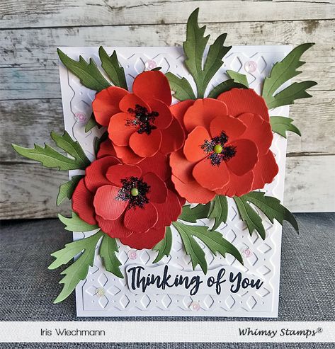 My card for today showcases the NEW Poppy Flower die as well as the NEW Lattice A2 die from Whimsy Stamps. I die cut the poppies from colored cardstock and used a ball-tool to shape the petals and leaves. Then I used a green brad to hold the petals of the blossoms together. In the center of each poppy I've added some black Stickles glitter glue. #affiliatelink Poppy Cards, Whimsy Stamps, Craft Knife, Flower Leaf, Leaf Decor, Craft Blog, Poppy Flower, Scrapbook Paper Crafts, Flower Cards