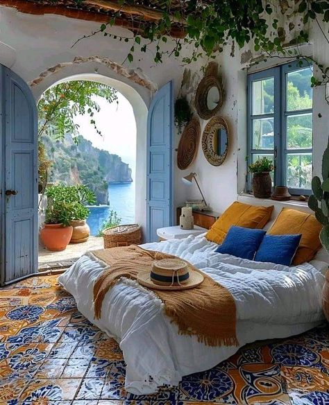 Positano Italy Interior Design, Mamma Mia Inspired Room, Mamma Mia House Aesthetic, Italian Coastal Decor, Boho Mediterranean Decor, Greek Aesthetic Room, Greek House Interior, Mediterranean Bedroom Ideas, Bedroom Ideas Beach