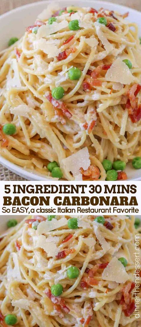 Easy Bacon Carbonara Pasta with just 5 ingredients is as easy as cooking pasta and bacon and it's ready to eat in 30 minutes. A classic recipe made EASY. Bacon Carbonara Pasta, Pasta Bacon, Bacon Carbonara, Egg Sauce, Dinner Then Dessert, Pastas Recipes, 5 Ingredient Dinners, Easy Bacon, Carbonara Recipe