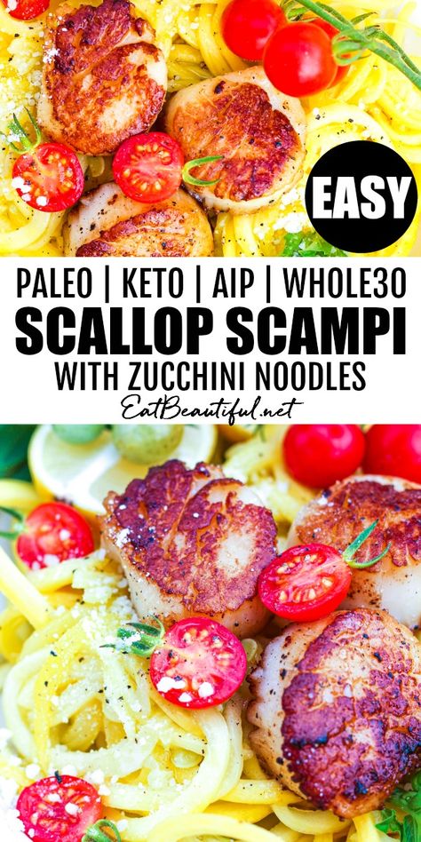 Scallop Scampi with Zucchini Noodles is the perfect healthy meal, full of good fats, rich flavorful pan-seared scallops, refreshing light zoodles — all tossed with fresh basil, olive oil, a bit of fresh lemon juice and sea salt — plus some optional garnishes. This recipe is Paleo, Keto, Whole30, AIP, GAPS and Gluten-free. | EatBeautiful.net || #scallop #scampi #zucchininoodles #zoodles #aip #keto #paleo #whole30 Scallop Scampi, Aip Lunch, Aip Chicken, Aip Keto, Aip Foods, Eat Beautiful, Beautiful Recipes, Basil Olive Oil, Inflammatory Recipes