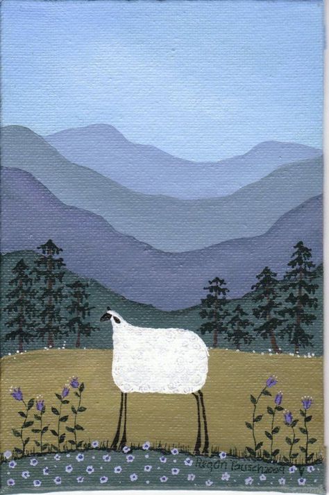 Mountain Sheep, Fork Art, Sheep Paintings, Sheep Art, Landscape Quilts, Farm Art, American Folk Art, Naive Art, Folk Art Painting