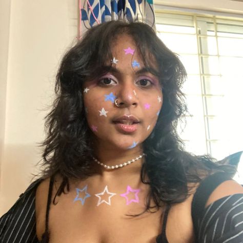 HAPPY PRIDE 🩷🤍🩵 throwback from november, bangalore pride parade w one of my fav looks hehe (⁠｡⁠･⁠ω⁠･⁠｡⁠)⁠ﾉ⁠♡ #pridemonth #pride #transpride🌈 Stars Makeup Look, Stars Makeup, Star Makeup, Trans Pride, Happy Pride, Pride Parade, Bangalore, Makeup Looks, Stars